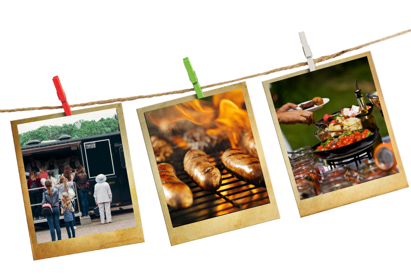 Drei Polaroid-Fotos hängen an einer Schnur: Menschen stehen vor einem Food-Truck, Würstchen werden auf einem Grill gegrillt, und eine Hand serviert Essen aus einem Topf.